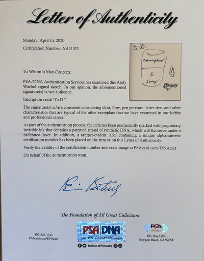 Andy Warhol Signed Soup Can Sketch PSA DNA Authentic